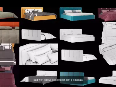 Bed with pillows and blanket 4 models of bed set 1 3D Model Collection