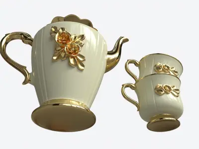 Teapot and Cups Decorated with Golden Flowers 3D model