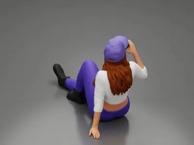 Tired woman mechanic in cap sitting and drinking water 3D print model