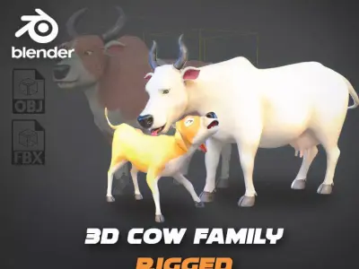 Stylized Cow Family Pack Rigged Cow Bull Calf Low-poly 3D model