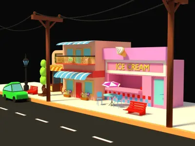 LOW POLY STREET SCENE Low-poly 3D model