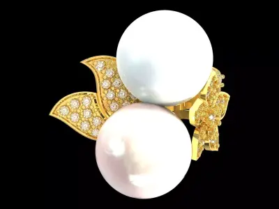 Dual Pearl Paved Flower stl 3dm jewelry Ring model pr0073 3D print model