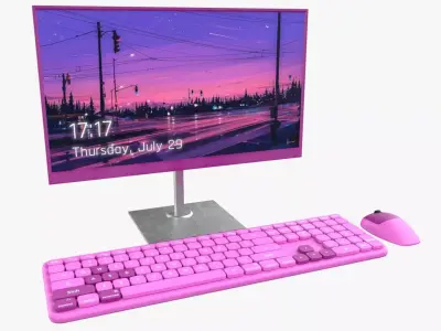 Wireles Computer Set Keyboard Mouse Monitor Baby Pink Version 3D model