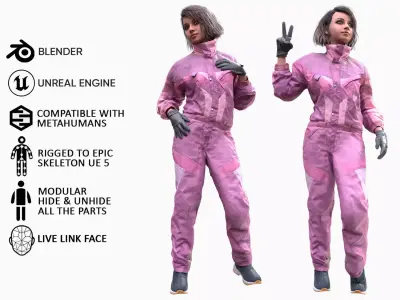 Woman - Winter Overalls - Modular - Rigged Low-poly 3D model