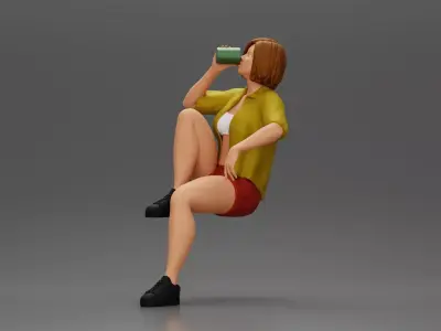 woman sitting on chair hugging her pulled-up leg while drinking 3D print model