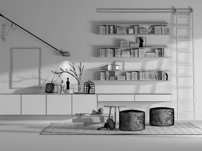 novamobili set modern living room with bookshelves and birdcage 3D model