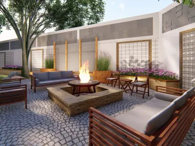 Backyard landsacpe design of modern house with fireplace 3D model