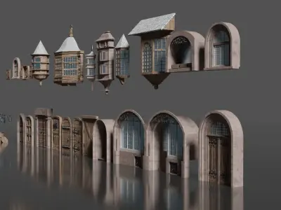Medieval Door and Windows  Low-poly 3D model