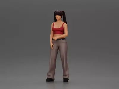 Chola girl with pigtails standing in flared pants 3D print model