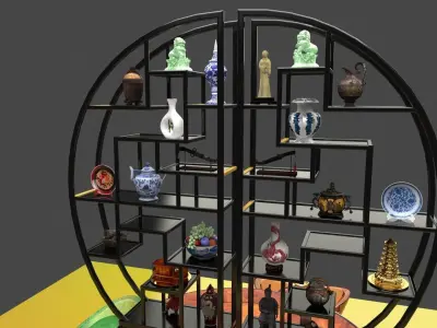 Chinese shelf with yuanbao and decorative sculpture 3D model