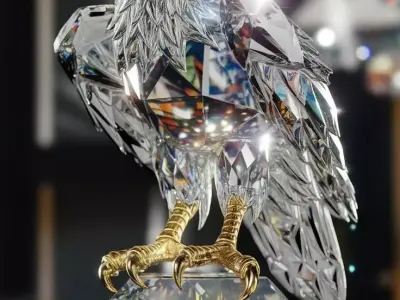 Luxury Crystal Eagle Sculpture Gold Beak Claws Diamond Base Low-poly 3D model