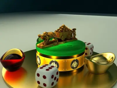 Chinese gold  ingot and dice with gold cart  3D model