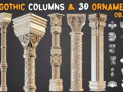 15 Gothic Columns 3D Model and 30 Ornaments Brush     Vol 22 3D model