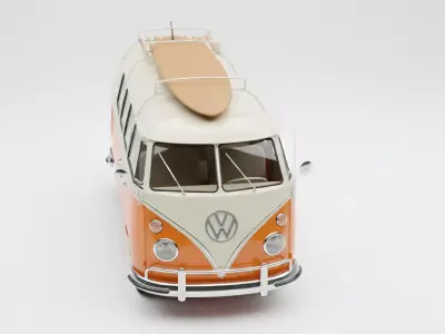 Classic Orange and White Volkswagen Bus with Surfboard Low-poly 3D model