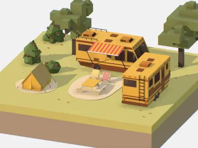 yellow tourist van on halt in meadow Low-poly 3D model