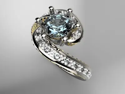 White Gold Blue Topaz and Diamond engagement ring 3D print model