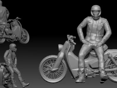 honda super cub custom bike and two rider 3D print model