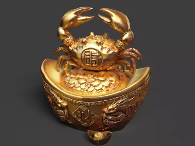 Chinese gold ingot with crab Low-poly 3D model