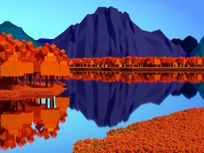 Lakeside lake with trees and mountains Free low-poly 3D model
