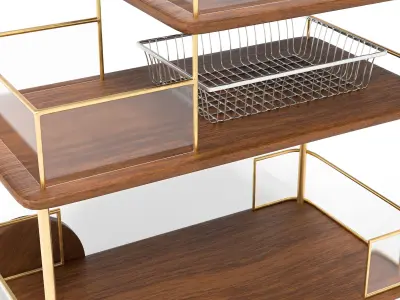 Modern luxe bar cart with gold frame and wooden shelves 3D model