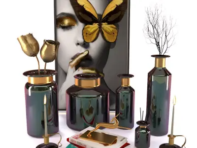 decorative set 5 gold and vases with butterflies 3D model