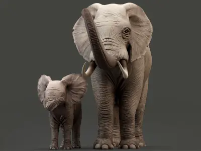 Elephant and Baby Elephant Animated 8K Low-poly 3D model