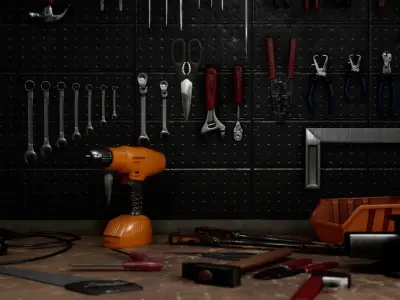 Garage with tools and bicycles Low-poly 3D model