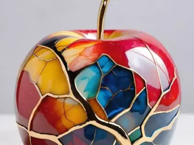 Colorful Kintsugi Apple Sculpture Gold Leaf Stem 3D LowPoly Low-poly 3D model