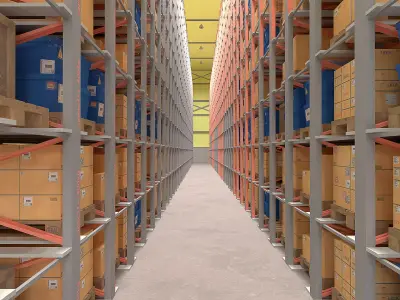 Warehouse filled with pallets and boxes Low-poly 3D model