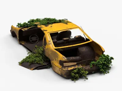 4K realistic low poly abandoned car recycle bin and rock Low-poly 3D model