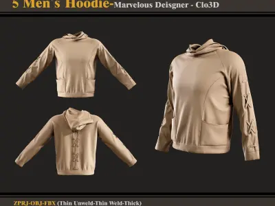 5 Men Hoodie -Md-Clo3D -ZPRJ - FBX - OBJ 3D model
