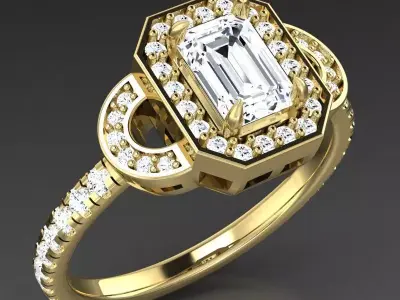 Luxury Gold Art Deco Ring With Emerald-Cut Gemstone 3D print model