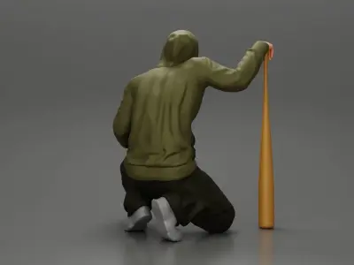 gangster homie in hoodie sitting holding a baseball bat 3D print model