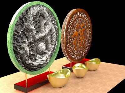 Chinese gold Ingot  with dragon  fu  3D model