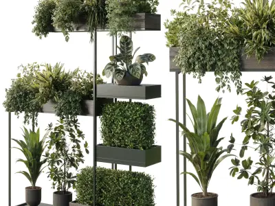 Standing metal shelf with a set of plants in wooden 683  3D model