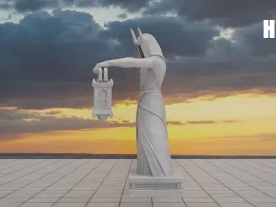 Mystic Guardian Statue with Lantern Low-poly 3D model