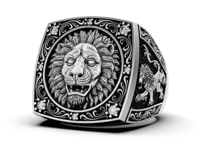 Royal Lion Head Signet Ring with Rampant Lion Sides 3D print model