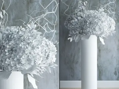 White hydrangeas in tall vase with willow branches 3D model