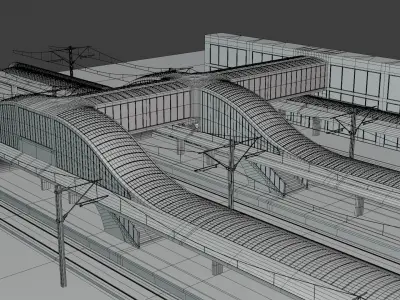 Railway station with train 3D model