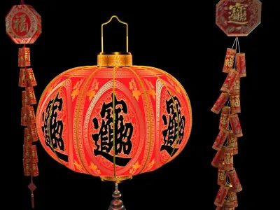Chinese red lantern with firecracker 3D model