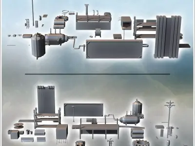 Set of modern outdoor accessories with car carcass advertising s 3D print model