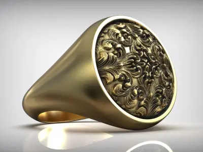 Rococo Floral Ornament Signet Circle Ring 3D print model