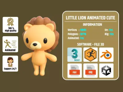 Little Lion Animated Cute 3D Models For Games And Animations Low-poly 3D model