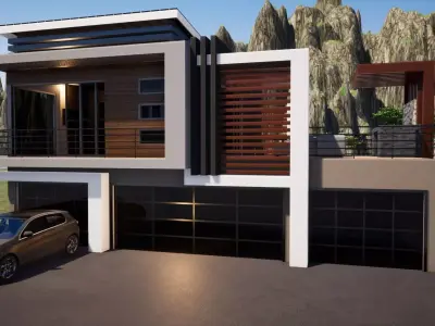 Garage modern house with car parked in front 3D model