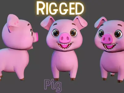 Rigged Pink Stylized Farm Pig Low-poly 3D model