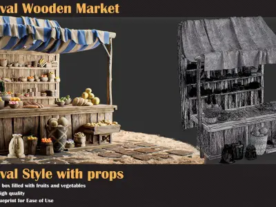 Medieval Wooden Market Pack  Set 3 With Props 3D model