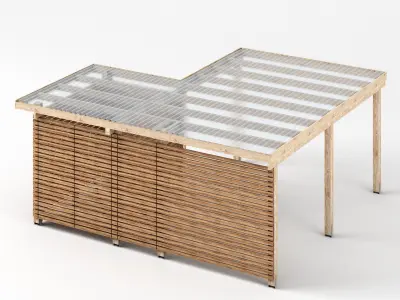 Three carports - wood frame and paneling - carport - car parking Low-poly 3D model