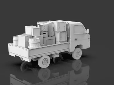 Low Poly Truck With Crates And Barrels - Untextured  Low-poly 3D model