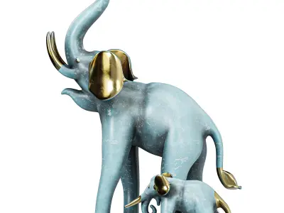 Playful Baby Elephant And Mother Figurine Decor 3D model