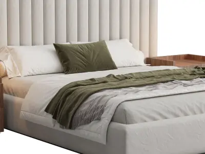 Walvia Gray Velvet Luxury Wide Headboard Bed 3D model